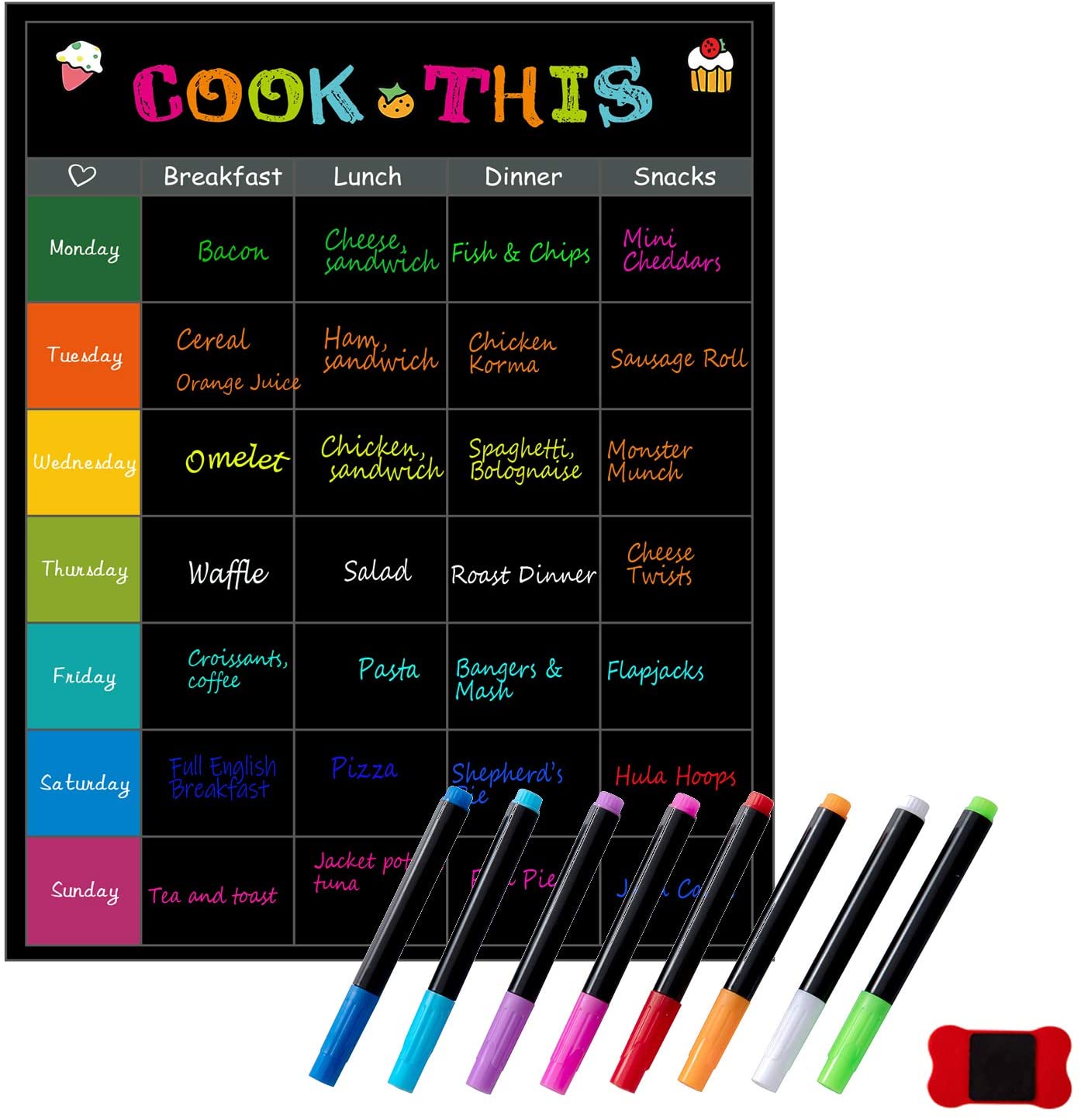 DumanAsen Weekly Meal Planner, Magnetic Dry Erase Planner for Fridge door, 16" x 12", includes 8 Dry Erase Colorful Markers